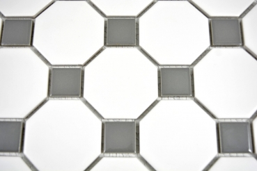 Handmuster Mosaik Fliese Keramik metallgrau Octagon wei matt metall glnzend MOS13-0122_m