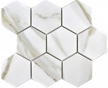 Hexagonale Sechseck Mosaik Fliese Keramik wei grau XL Calacatta Wandfliesen Badfliese Fliesenspiegel Kche - MOS11F-0112