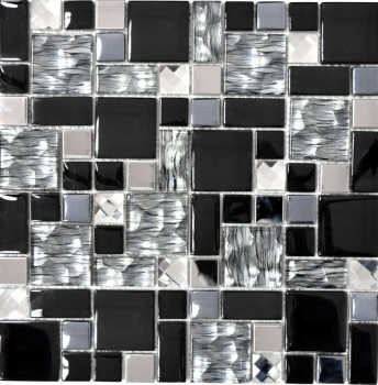 Glasmosaik Edelstahl Mosaikfliesen schwarz silber klar grau Fliesenspiegel Kchenrckwand Bad WC - MOS88-03689