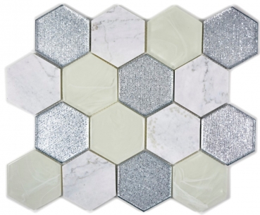 Hexagonale Glasmosaik Naturstein Fliesen grau silber graugrn Marmor Carrara Fliesenspiegel Wand Kche Bad WC - MOS11E-88