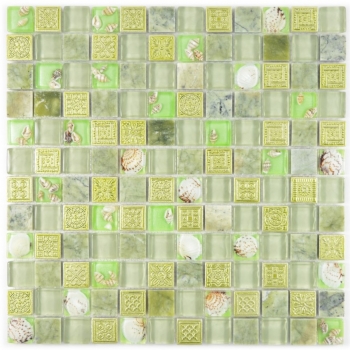 Naturstein Rustikal Marmor Mosaikfliese Glasmosaik Resin Muschel grn pastellgrn klar beige Badfliese Kche Wand WC - MOS82C-0502