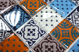 Glasmosaik Retro Vintage Ornamente Mosaikfliesen wei blau orange grau Optik MOS78B-0123