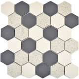 Hexagonale Sechseck Mosaik Fliese Keramik beige schwarz Hexagaon unglasiert rutschsicher gesprenkelt Fliesenspiegel - MOS11G-0113-R10